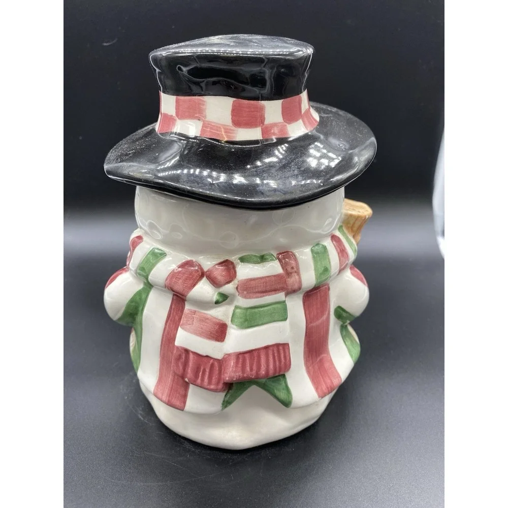 Vintage Snowman Ceramic Cookie Jar Holiday Christmas Decor Black Top Hat Scarf